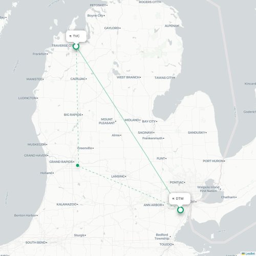 Traverse City - Detroit kaart van rechtstreekse vlucht