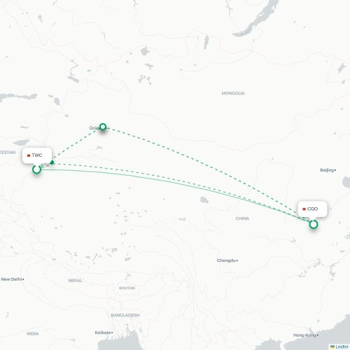 Mapa de vuelo directo Tumshuke - Zhengzhou