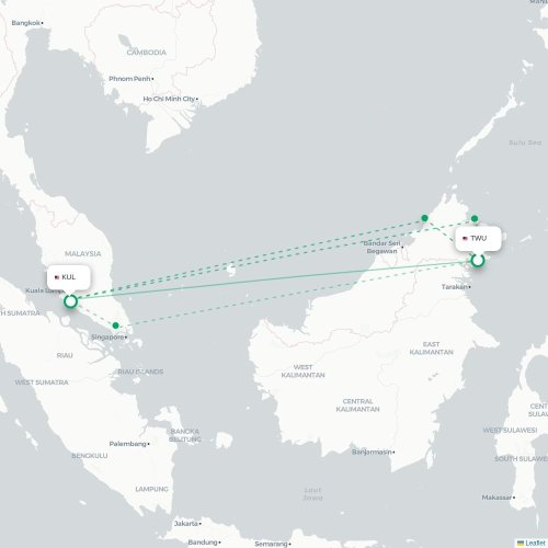 Mapa lotu bezpośredniego Tawau – Kuala Lumpur