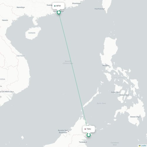 Mapa lotu bezpośredniego Tawau – Makau