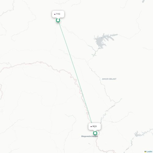 Mapa de vuelo directo Tynda - Blagoveshchensk
