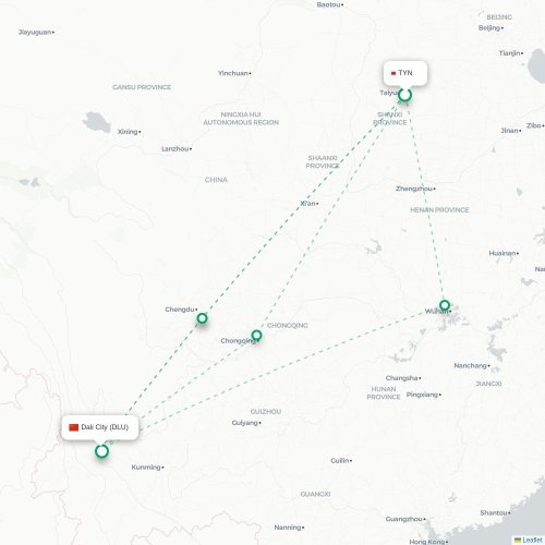 Mapa lotu bezpośredniego Taiyuan – Dali