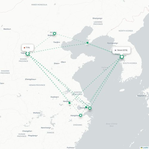 Mapa lotu bezpośredniego Taiyuan – Inczhon
