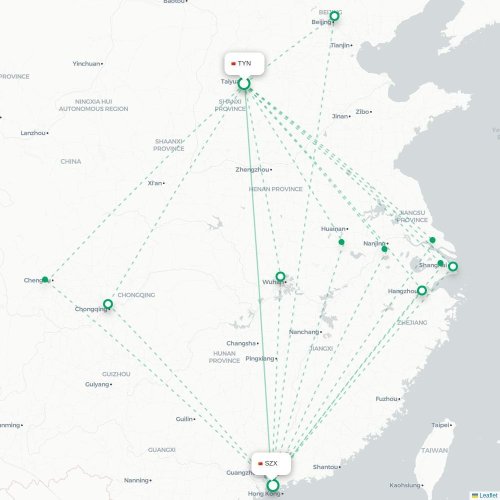 Taiyuan – Shenzhen suoran lennon kartta