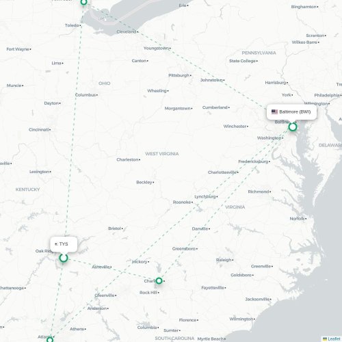 Mapa de vuelo directo Knoxville - Baltimore