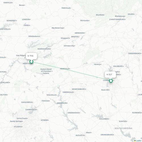 Mapa de vuelo directo Knoxville - Charlotte