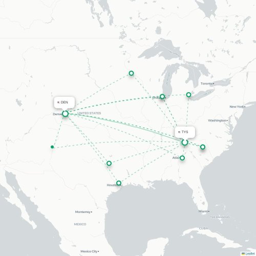Mapa de vuelo directo Knoxville - Denver