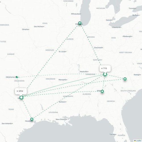 Mapa de vuelo directo Knoxville - Dallas