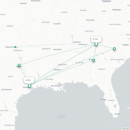 Mapa de vuelo directo Knoxville - Houston
