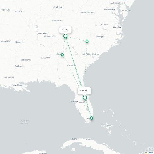 Mapa de vuelo directo Knoxville - Orlando