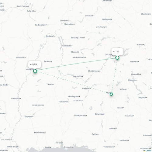 Mapa de vuelo directo Knoxville - Memphis