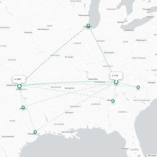 Mapa de vuelo directo Knoxville - Oklahoma City