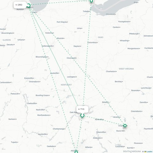 Mapa de vuelo directo Knoxville - Chicago