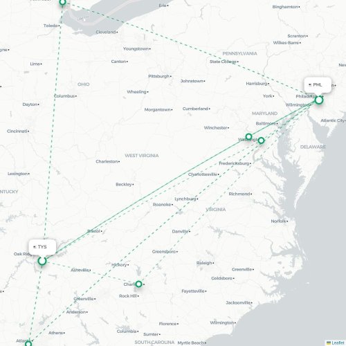 Knoxville - Philadelphia karta över direktflyg