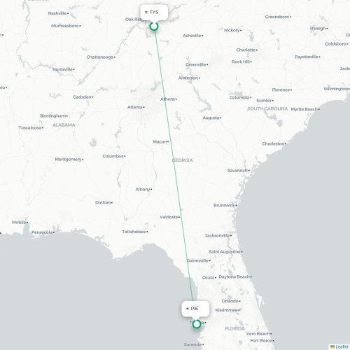 Mapa de vuelo directo Knoxville - Tampa