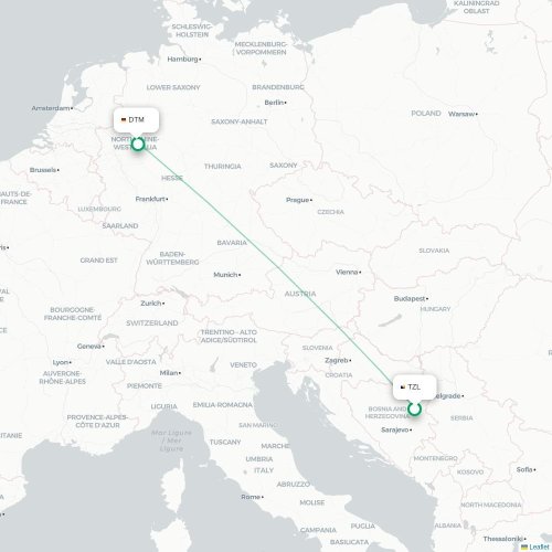 Mapa de vuelo directo Tuzla - Dortmund