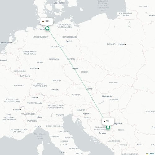 Mapa de vuelo directo Tuzla - Hamburgo