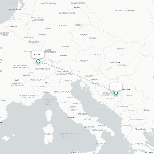 Mapa de vuelo directo Tuzla - Mulhouse