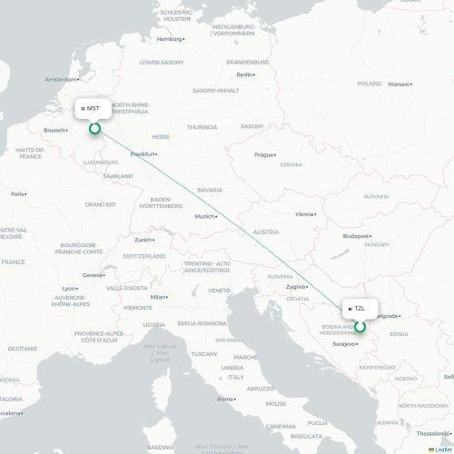 Mapa de vuelo directo Tuzla - Mastrique