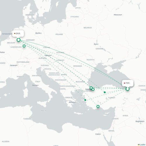 Trabzon - Dusseldorf karta över direktflyg