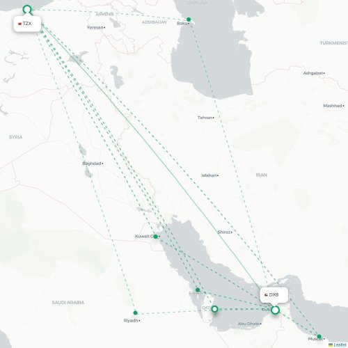 Trabzon - Dubai karta över direktflyg