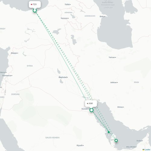 Mapa lotu bezpośredniego Trabzon – Kuwejt