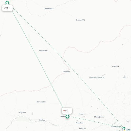 Mapa lotu bezpośredniego Ułan Bator – Hohhot