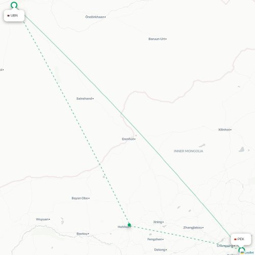 Mapa lotu bezpośredniego Ułan Bator – Pekin