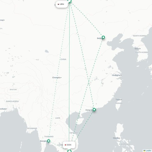 Mapa lotu bezpośredniego Ułan Bator – Ho Chi Minh