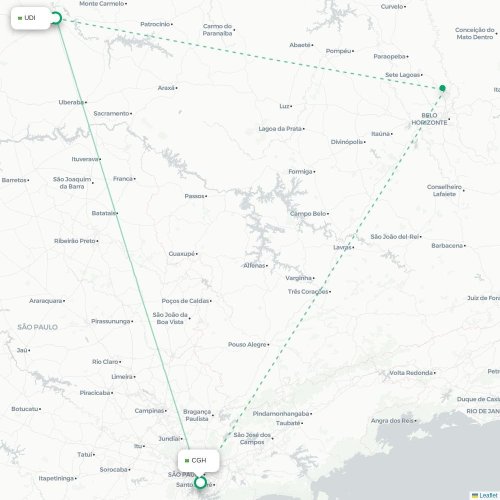 Mapa lotu bezpośredniego Uberlândia – São Paulo