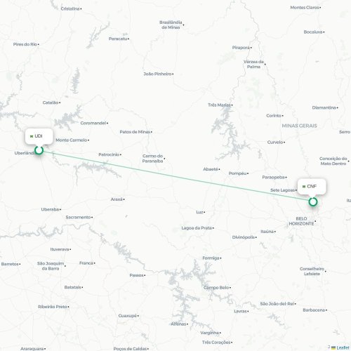 Mapa lotu bezpośredniego Uberlândia – Belo Horizonte