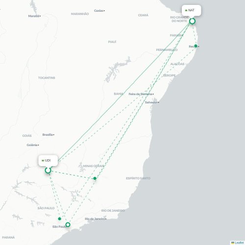 Mapa lotu bezpośredniego Uberlândia – Natal