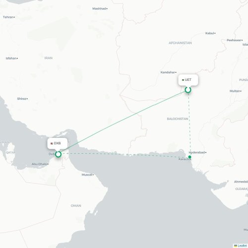 Mapa de vuelo directo Quetta - Dubái