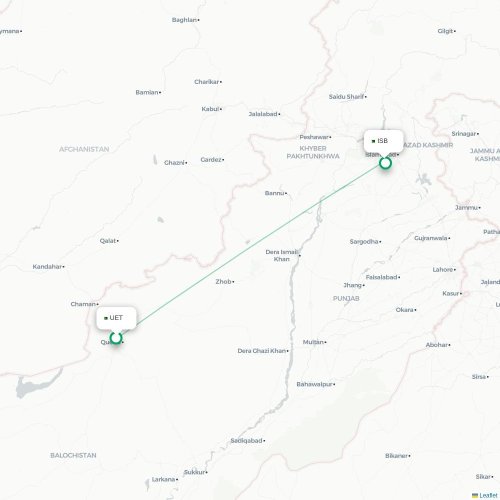 Mapa de vuelo directo Quetta - Islamabad
