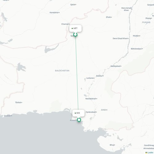 Mapa de vuelo directo Quetta - Karachi