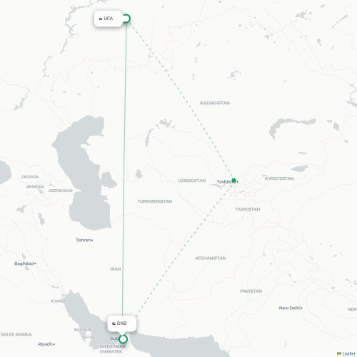 Mapa de vuelo directo Ufá - Dubái