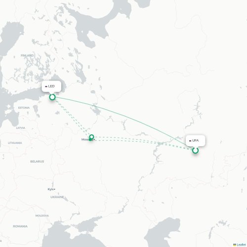 Mapa de vuelo directo Ufá - San Petersburgo