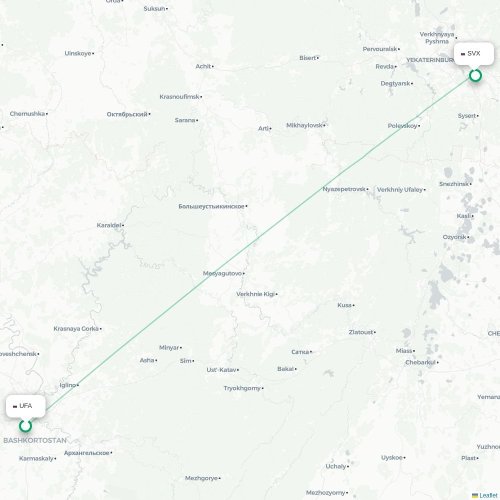 Mapa de vuelo directo Ufá - Ekaterinburgo