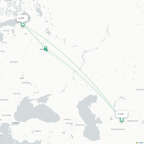 Mapa de vuelo directo Urgench - San Petersburgo