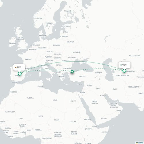 Mapa de vuelo directo Urgench - Madrid