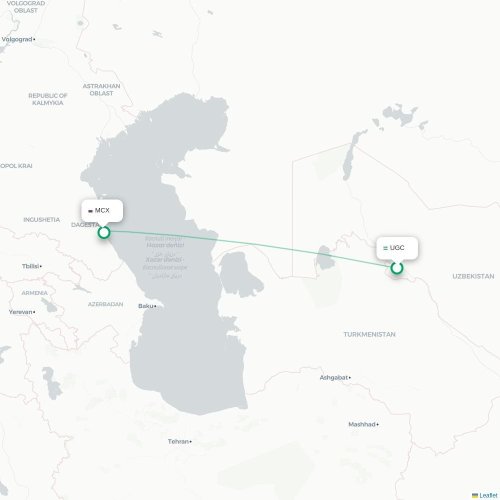 Mapa de vuelo directo Urgench - Makhachkala