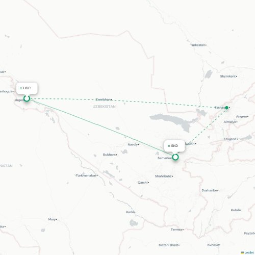 Mapa de vuelo directo Urgench - Samarkanda