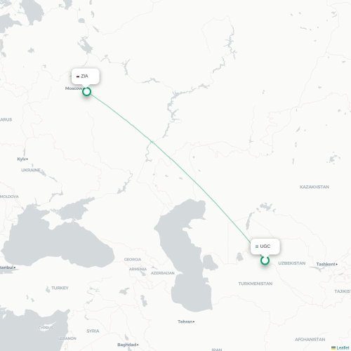 Mapa de vuelo directo Urgench - Moscú