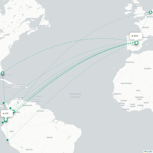 Mapa de vuelo directo Quito - Madrid
