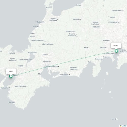 Mapa lotu bezpośredniego Kōbe – Tokio