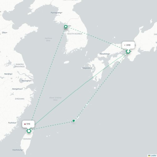 Mapa lotu bezpośredniego Kōbe – Tajpej