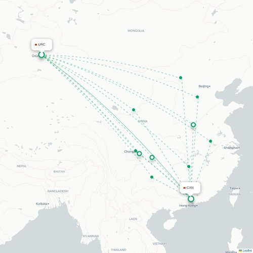 Mapa lotu bezpośredniego Urumczi – Kanton