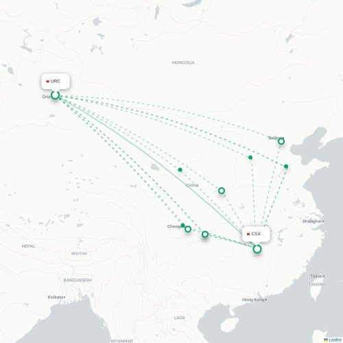 Mapa lotu bezpośredniego Urumczi – Changsha