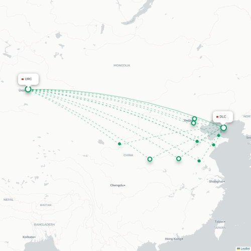 Mapa lotu bezpośredniego Urumczi – Dalian