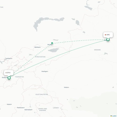 Mapa lotu bezpośredniego Urumczi – Duszanbe